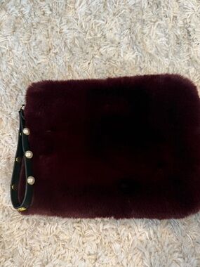 Stella & Dot Burgundy Faux Fur Wristlet with Pearl-Studded Strap